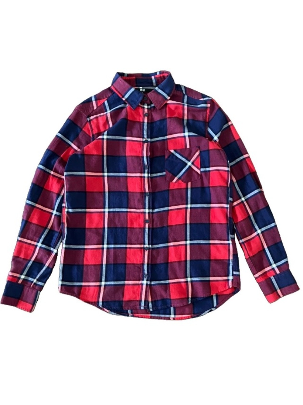 Uniqlo 100% Cotton M Flannel Shirt Unisex Red Blue Plaid Casual Outdoors Casual.